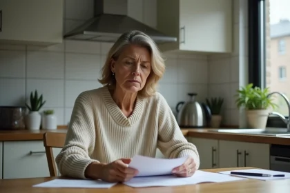 Femme d'&acirc;ge moyen seule &agrave; la cuisine lisant des papiers