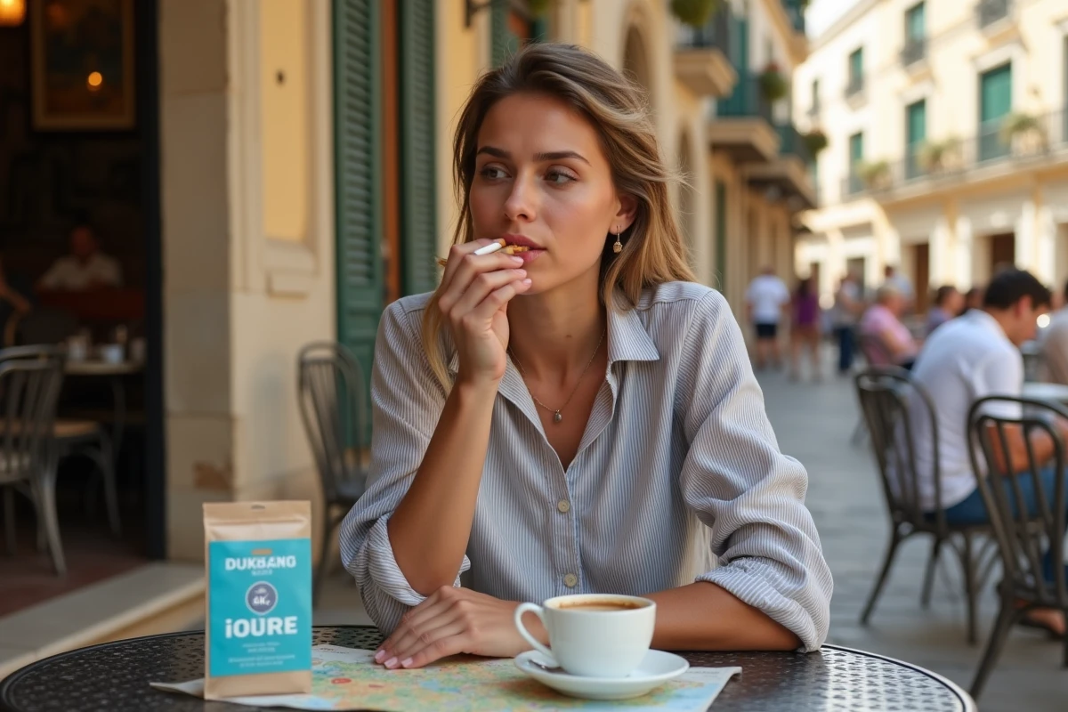 Femme roulant une cigarette avec du tabac 30g à une terrasse de café espagnol au bord de la mer