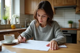 Femme consultant un tableau de budget mensuel avec des reçus de courses sur une table de cuisine en bois