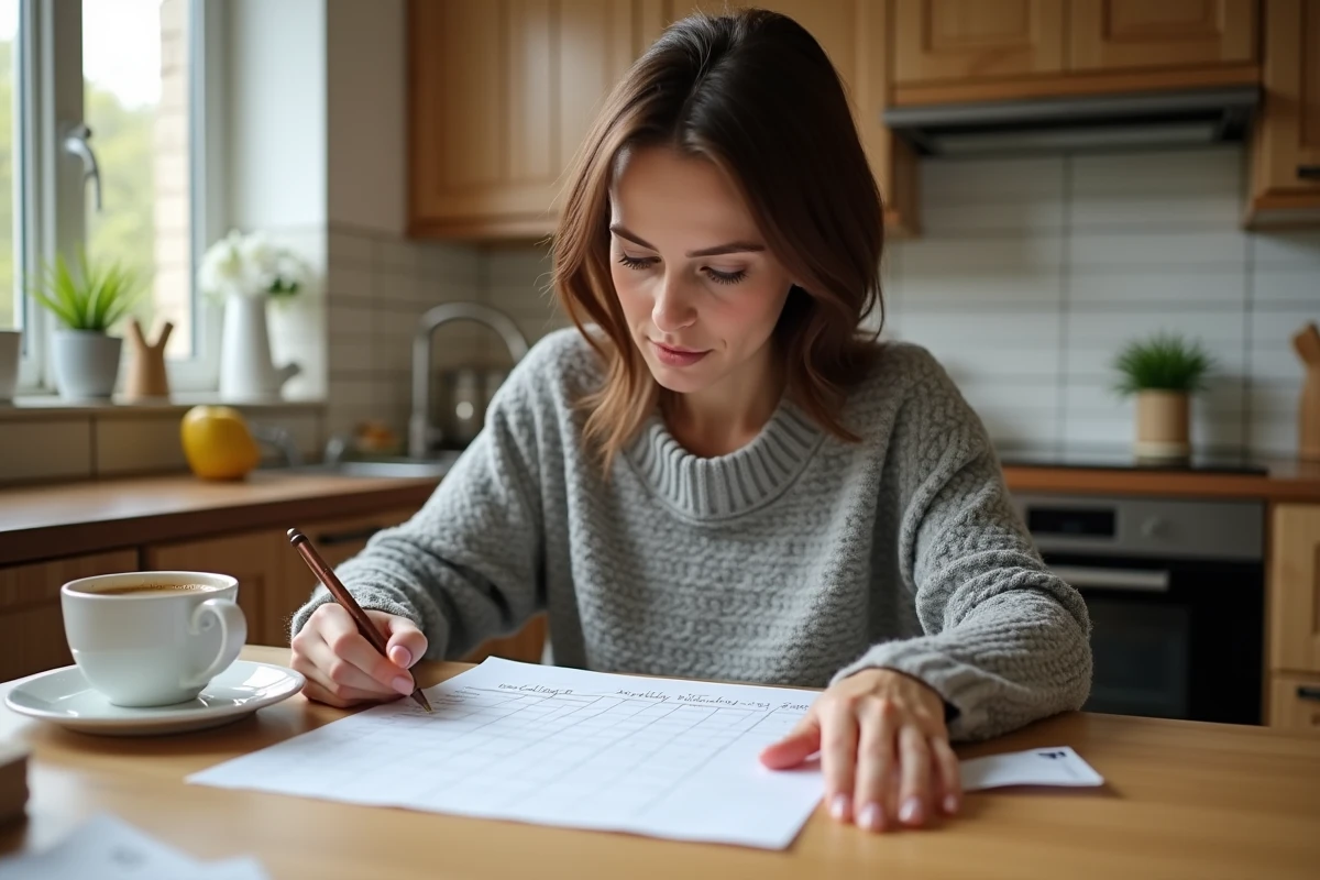 Femme consultant un tableau de budget mensuel avec des reçus de courses sur une table de cuisine en bois