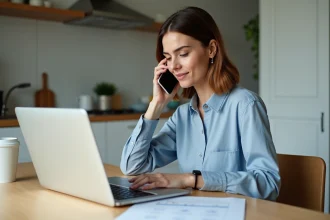 Femme parlant au téléphone dans une cuisine moderne