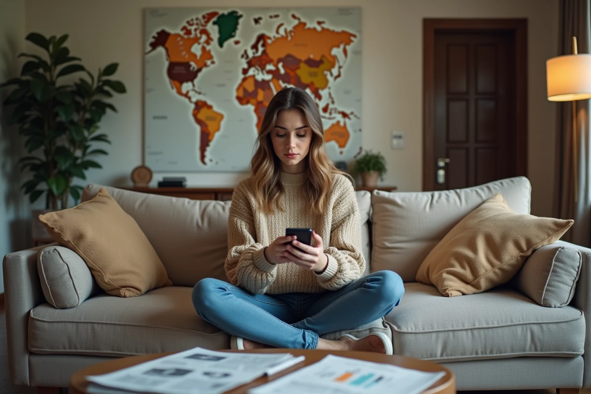 Jeune femme regardant son smartphone pour trader à la maison