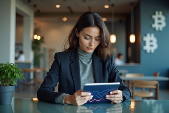 Jeune femme en blazer regardant des graphiques sur tablette