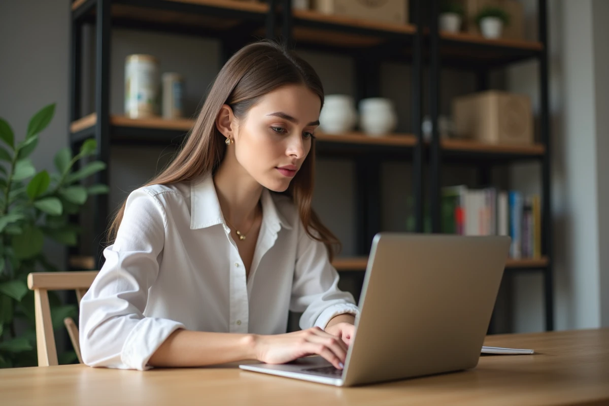 Jeune femme concentrée utilisant un ordinateur portable à la maison