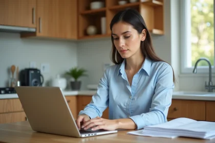 Jeune femme au bureau &agrave; domicile travaillant sur son ordinateur
