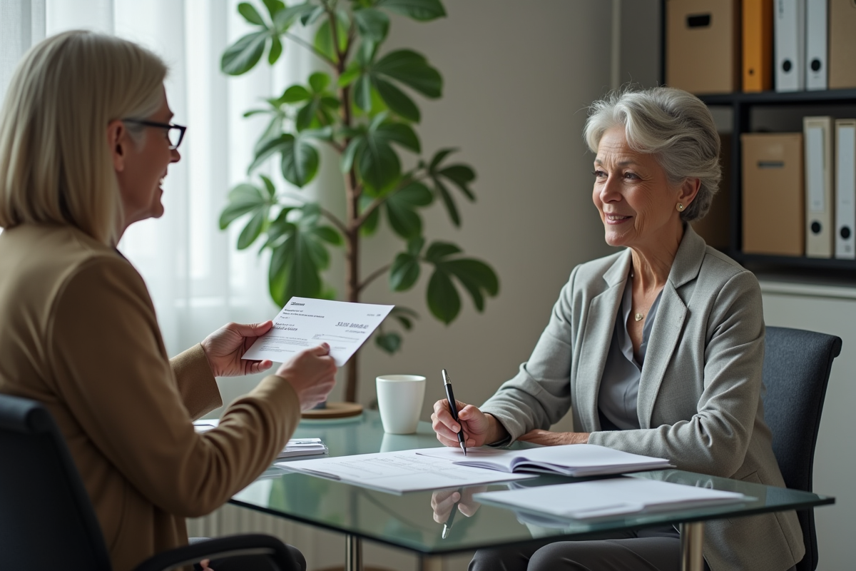 Femme d age donnant un chèque à son fils au bureau