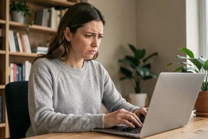 Femme inquiète lisant un email suspect sur son ordinateur portable dans un bureau à domicile, illustrant la vérification d'arnaques en ligne