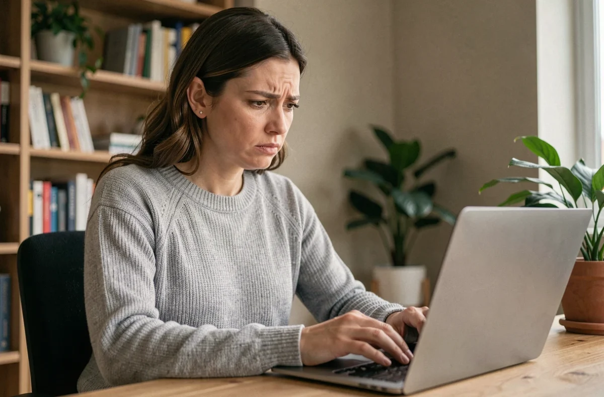 Femme inquiète lisant un email suspect sur son ordinateur portable dans un bureau à domicile, illustrant la vérification d'arnaques en ligne
