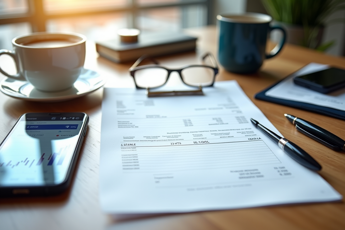 Fiche de paie française avec accessoires financiers sur un bureau organisé