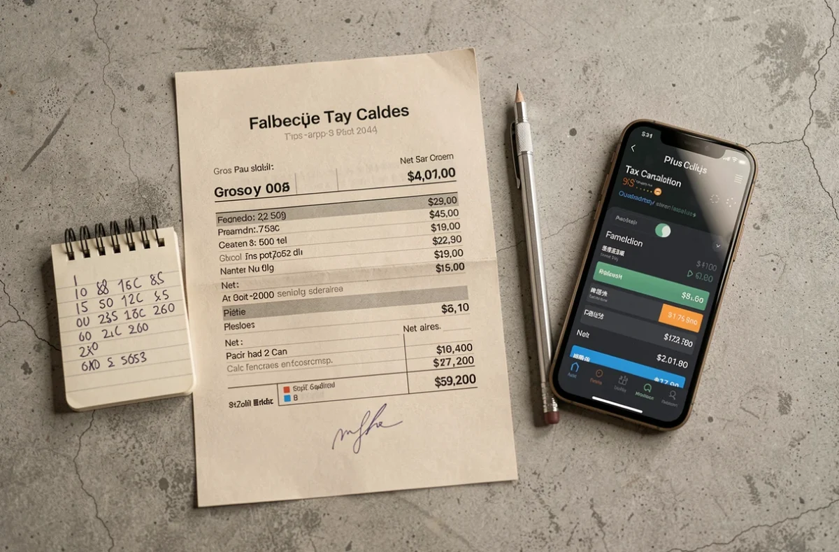 Vue aérienne d'une fiche de paie française avec calcul du salaire net et application de simulation du prélèvement à la source