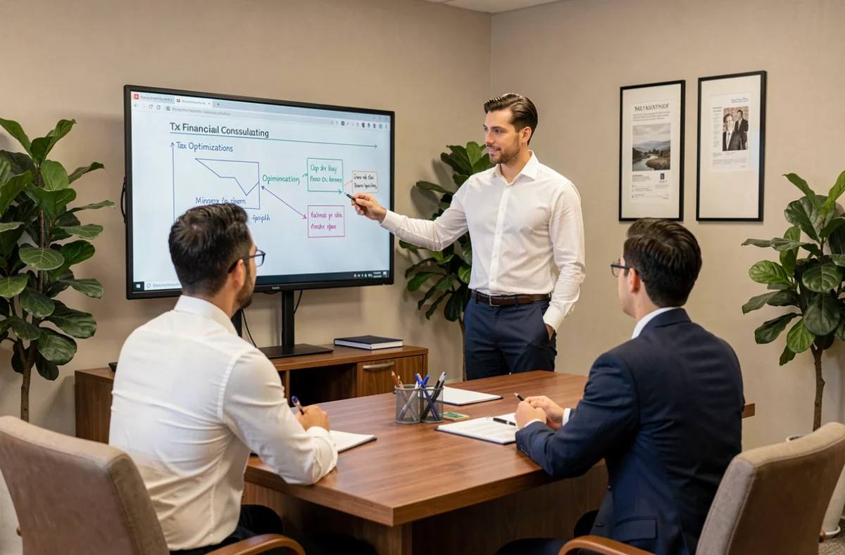 Conseiller de Ficorec présentant un plan d'optimisation fiscale à des clients dans un bureau professionnel à Marseille
