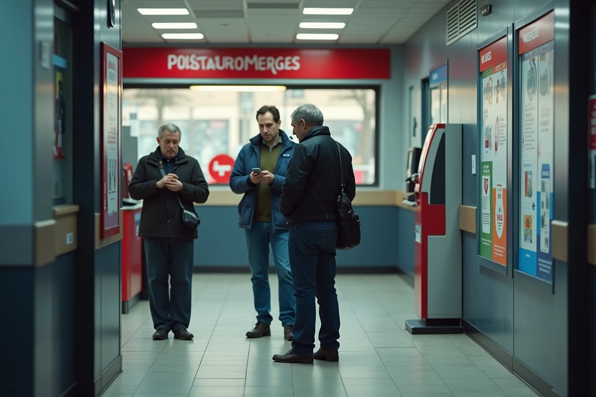 File d'attente dans une agence Banque Postale avec un distributeur de tickets et panneau d'affichage des horaires