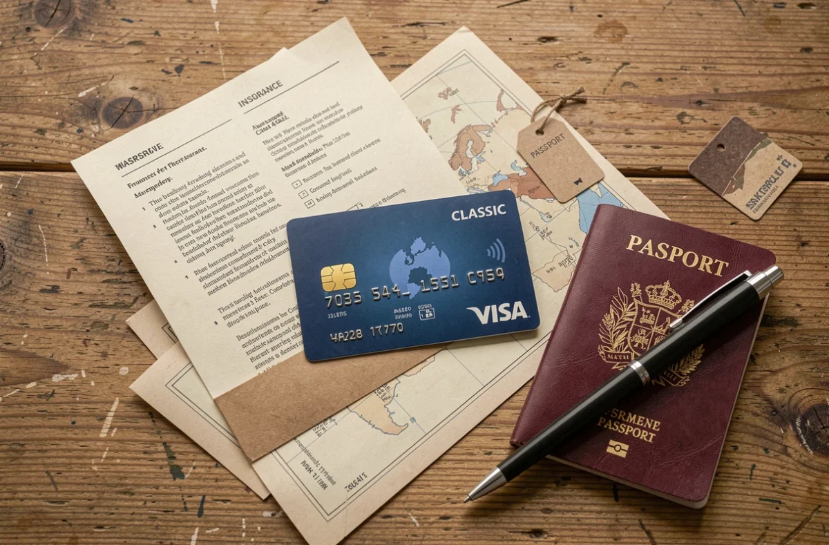 Vue de dessus d'une carte Visa Classic entourée de documents d'assurance voyage, passeport et étiquettes de bagage