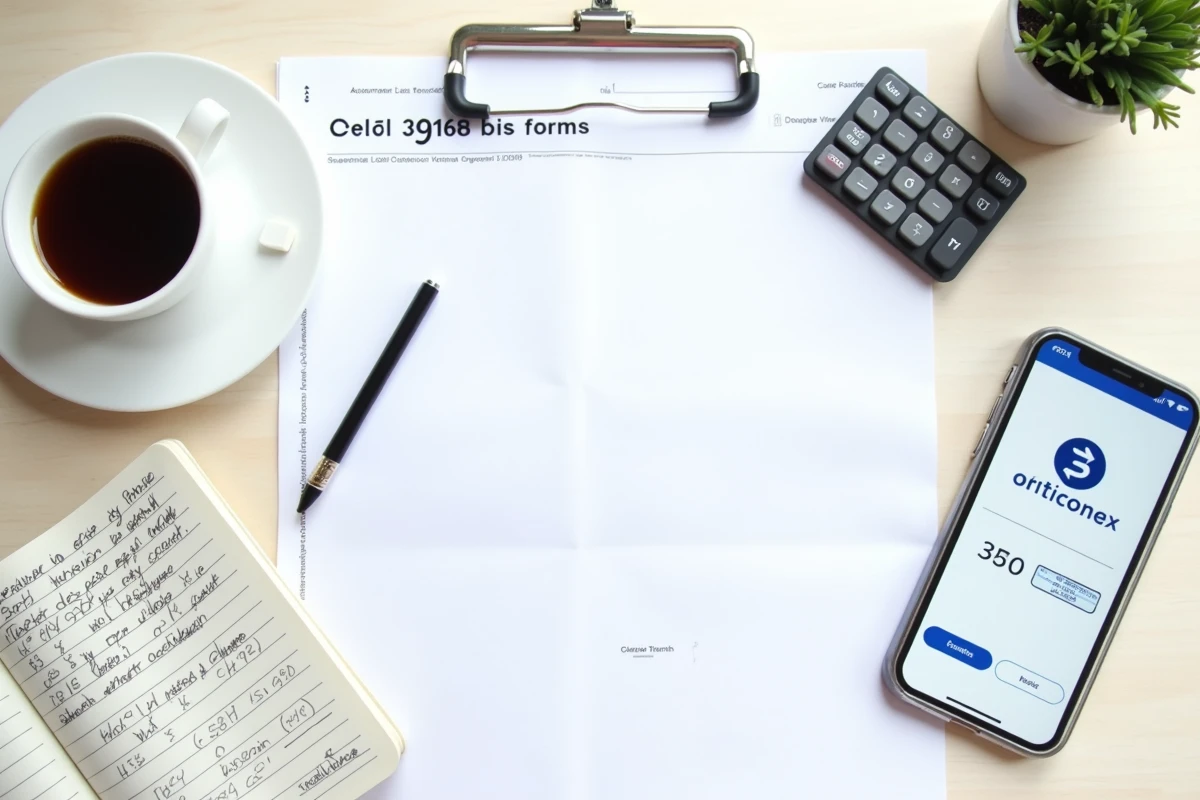 Vue aérienne d'un bureau avec le formulaire cerfa 3916 bis, un smartphone affichant une application crypto et des notes manuscrites sur les plateformes à déclarer