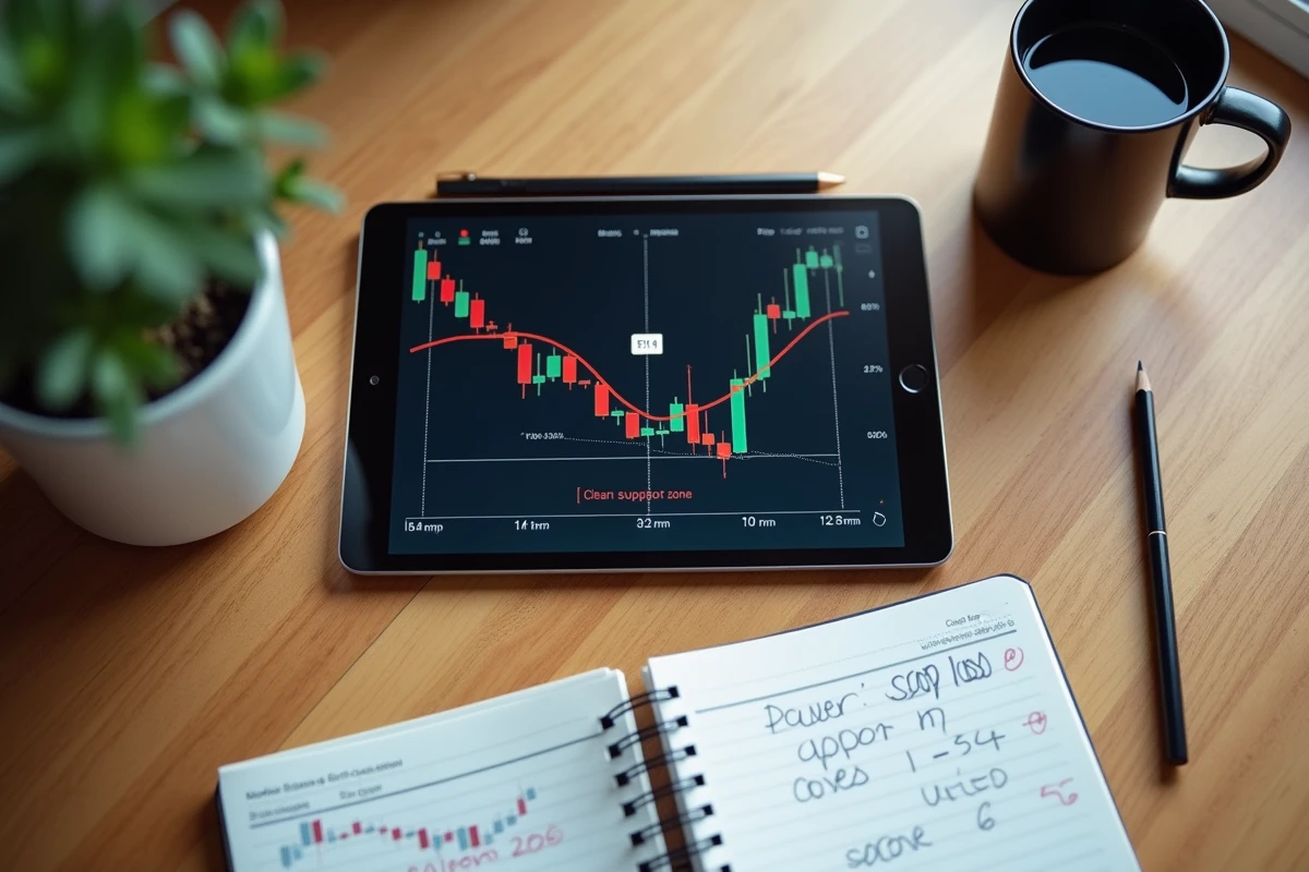 Vue aérienne d'un bureau avec tablette affichant un double bottom et journal de trading annoté pour la gestion du risque