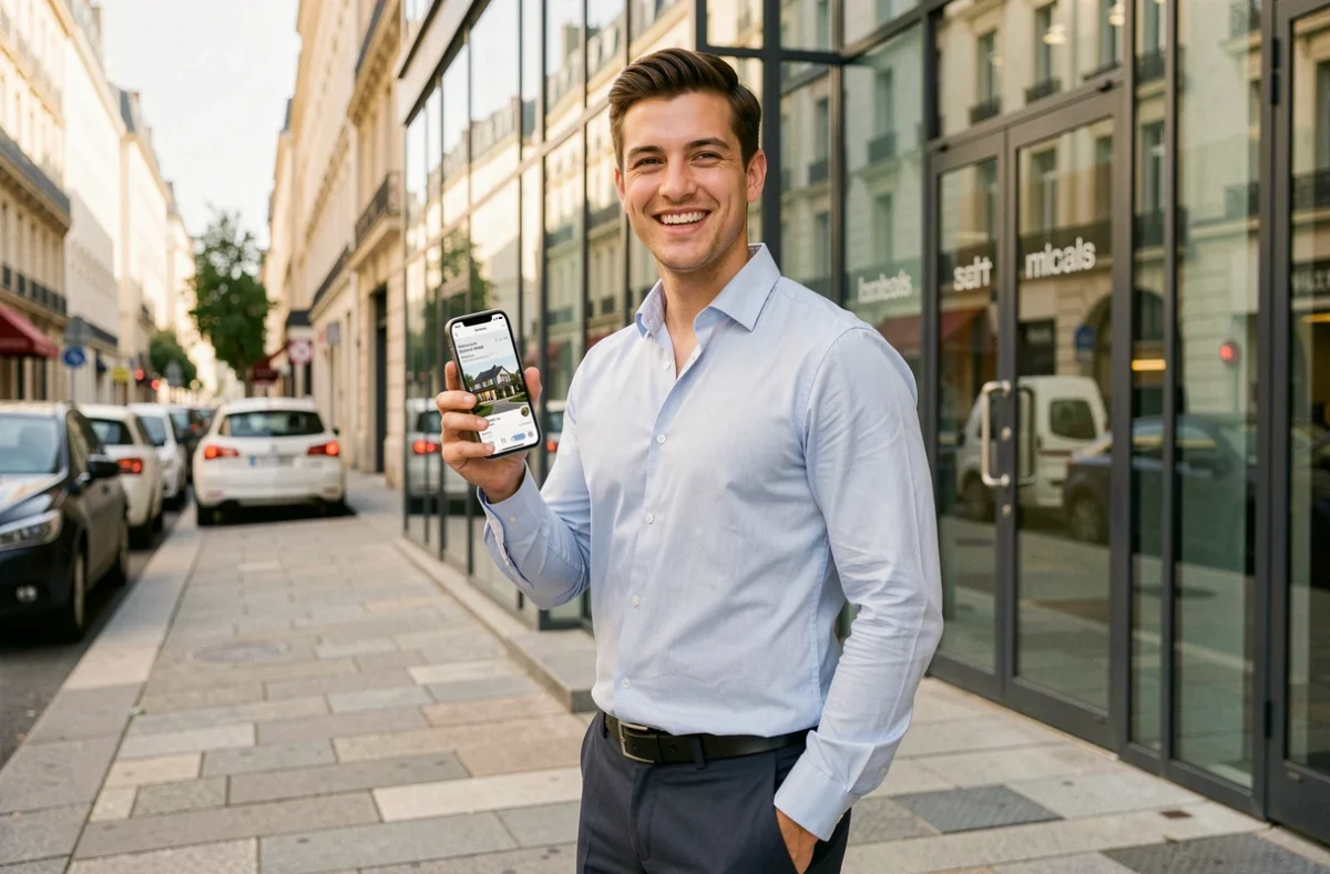 Jeune courtier de Fly Liberty devant son agence moderne à Saint-Étienne tenant un smartphone avec une offre immobilière