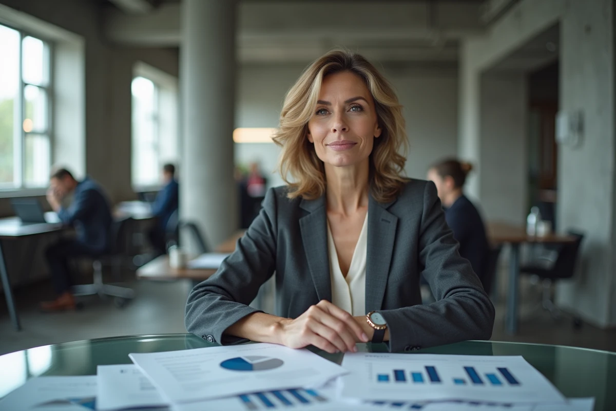 Femme analyste en blazer gris étudiant des rapports financiers dans un espace de travail moderne illustrant l'analyse de la fortune et du patrimoine de GMK en 2026