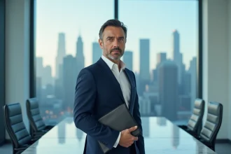 Homme d'affaires prospère en costume bleu marine devant une vue panoramique sur la ville symbolisant la fortune et le succès financier de GMK en 2026