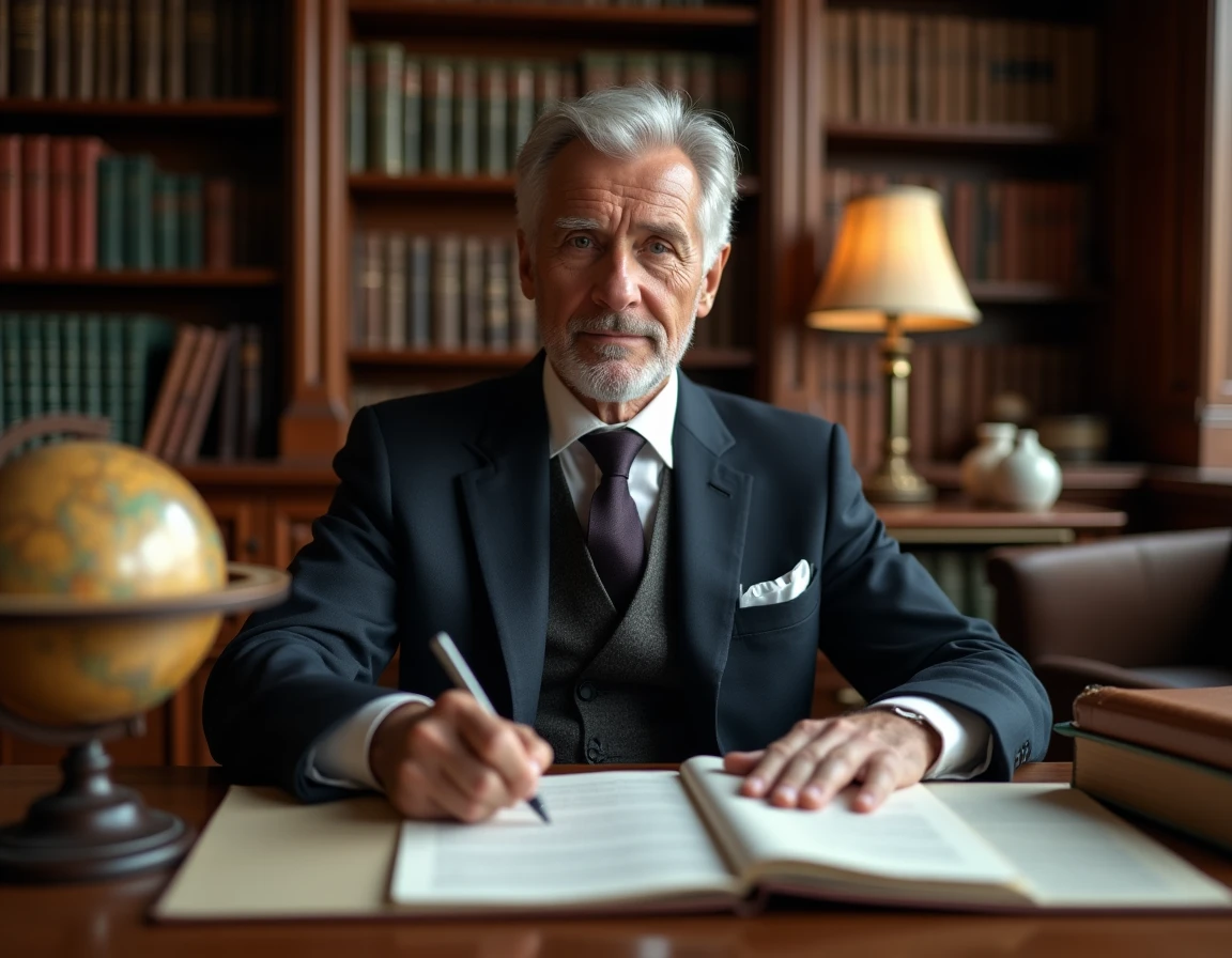 Homme politique français assis à un bureau avec des documents financiers dans une bibliothèque privée, symbolisant la gestion d'une grande fortune personnelle