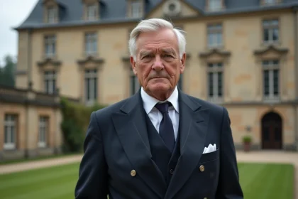 Portrait d'un homme politique français fortuné devant un château historique, illustrant la fortune et le patrimoine de Philippe de Villiers en 2026