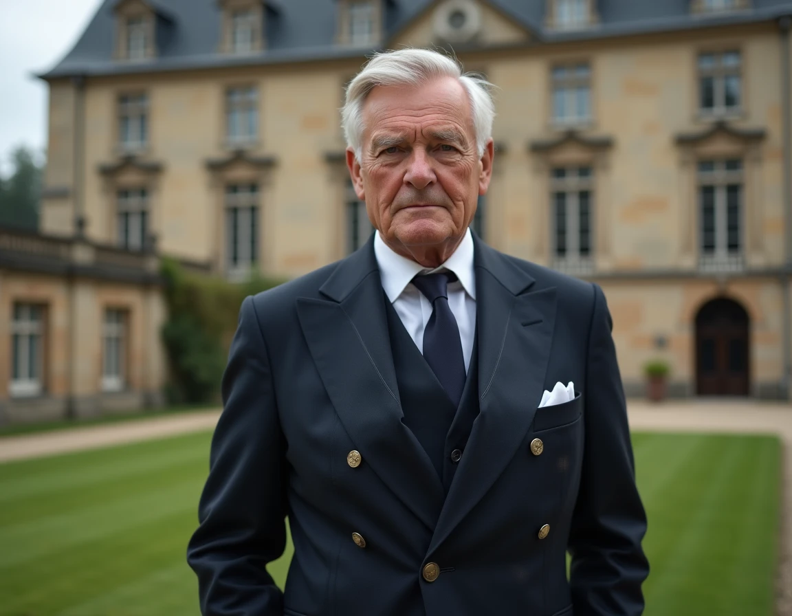 Portrait d'un homme politique français fortuné devant un château historique, illustrant la fortune et le patrimoine de Philippe de Villiers en 2026
