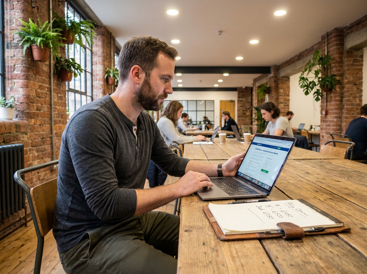 Freelance comparant des offres d'assurance RC Pro sur un ordinateur portable dans un espace de coworking