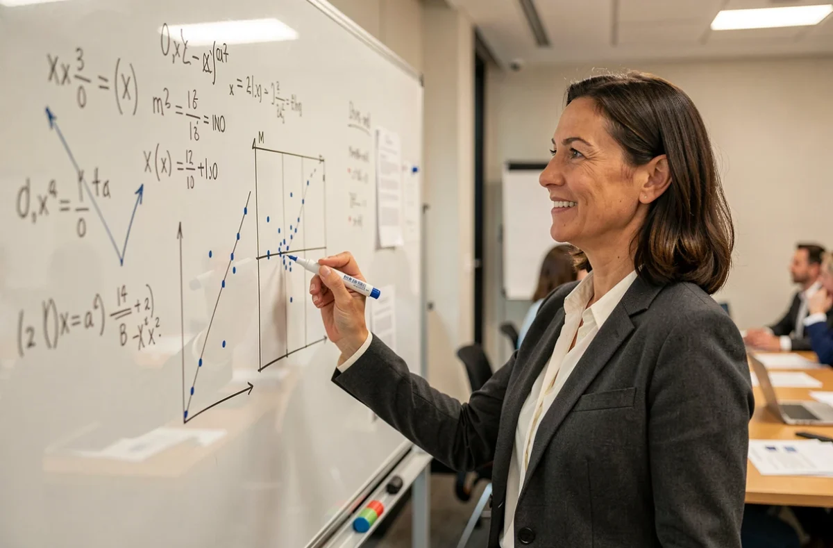 Gestionnaire de portefeuille présentant des formules statistiques et des graphiques risque-rendement sur un tableau blanc en salle de réunion
