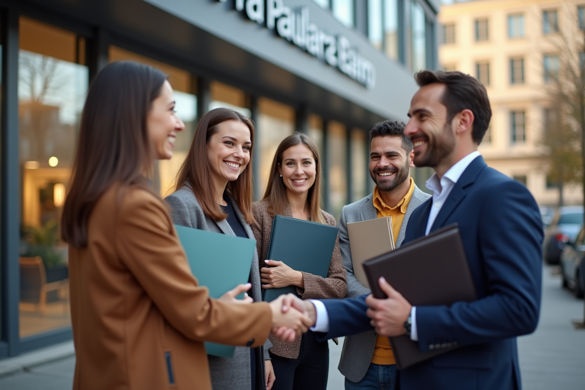 Groupe de personnes souriantes devant une agence d