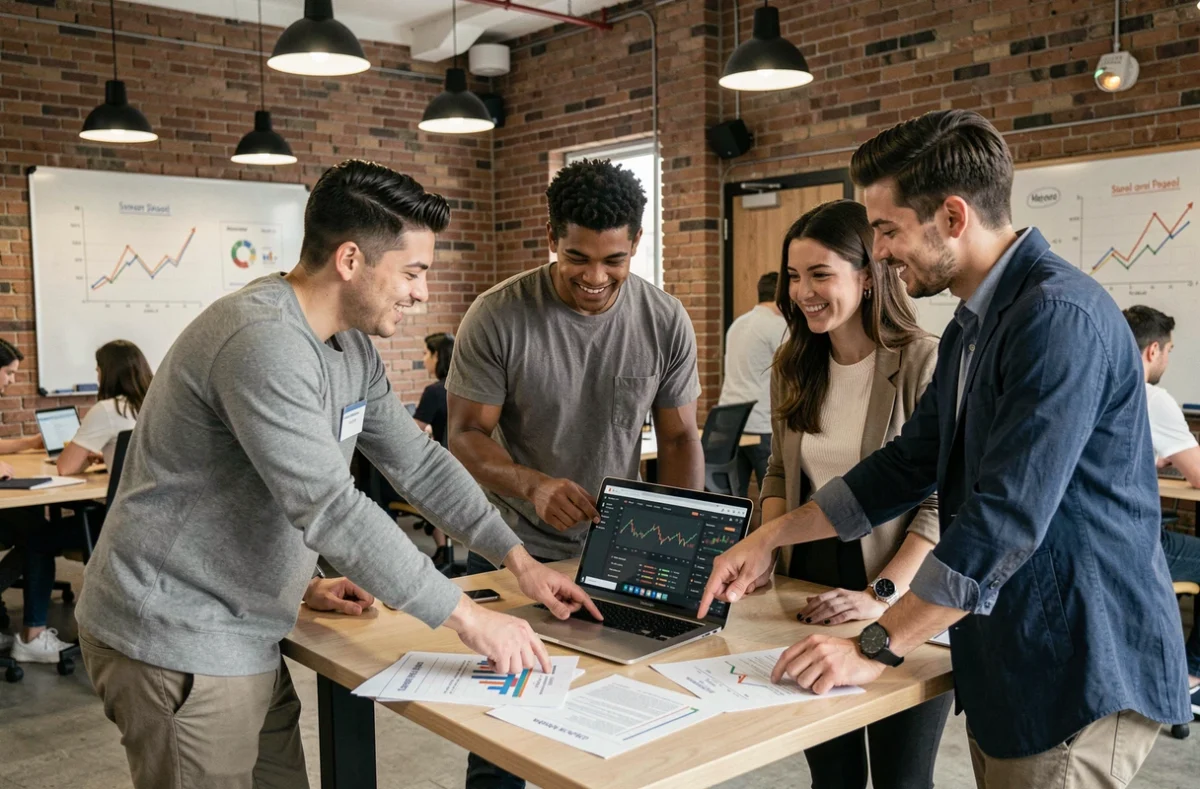Groupe de jeunes professionnels discutant des tendances d'une plateforme d'investissement en ligne autour d'un bureau dans un espace de coworking moderne en 2026