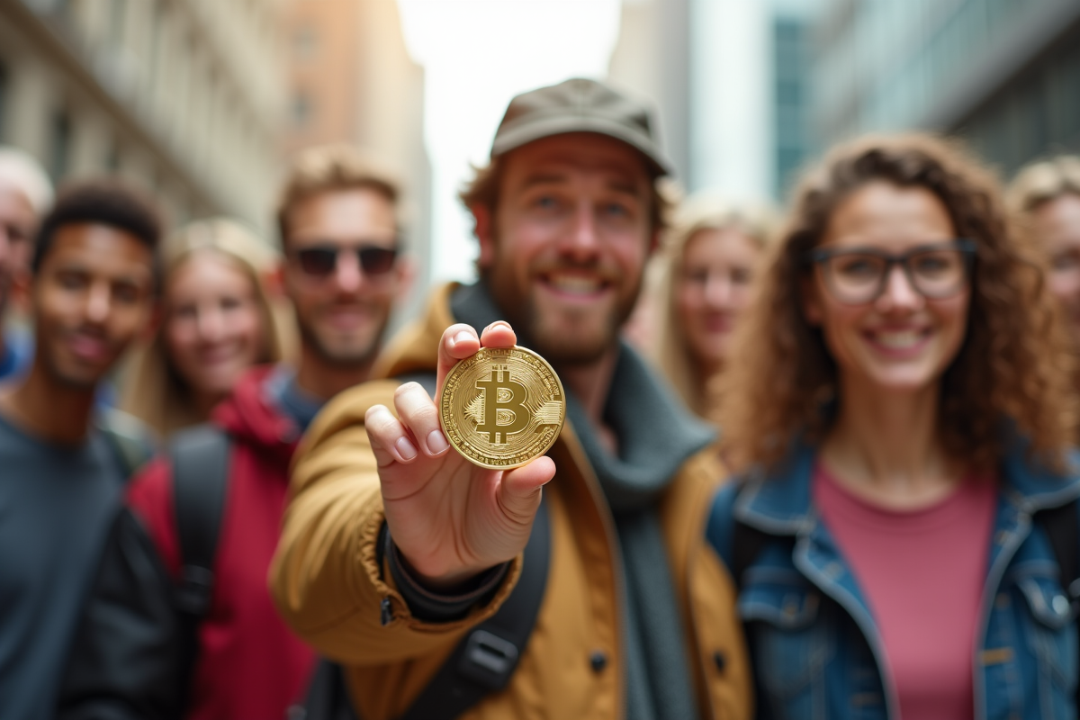 Groupe diversifié de personnes tenant des bitcoins en plein jour