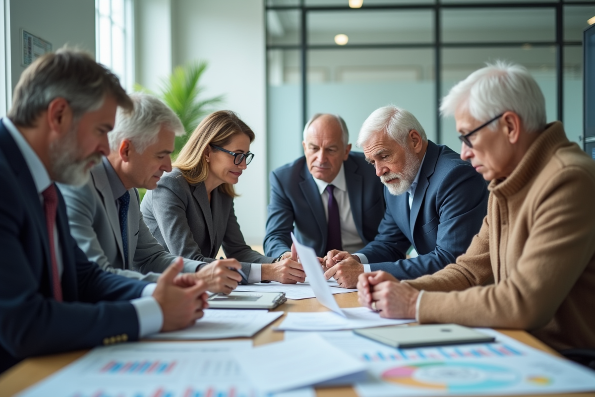 Groupe de personnes âgées et actives discutant de documents financiers