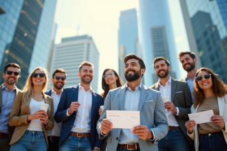 Groupe de travailleurs souriants avec chèques de salaire devant un immeuble moderne
