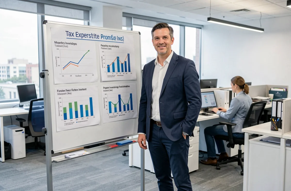 Expert fiscal de GT Expertise présentant une stratégie d'investissement immobilier et de défiscalisation dans un bureau moderne à Marseille