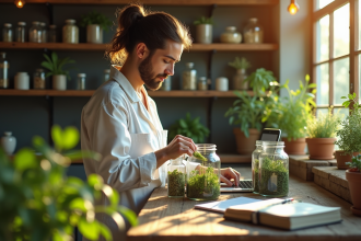 Herboriste moderne arrangeant des herbes médicinales fraîches dans des bocaux dans une boutique chaleureuse