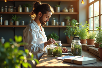 Herboriste moderne arrangeant des herbes médicinales fraîches dans des bocaux dans une boutique chaleureuse