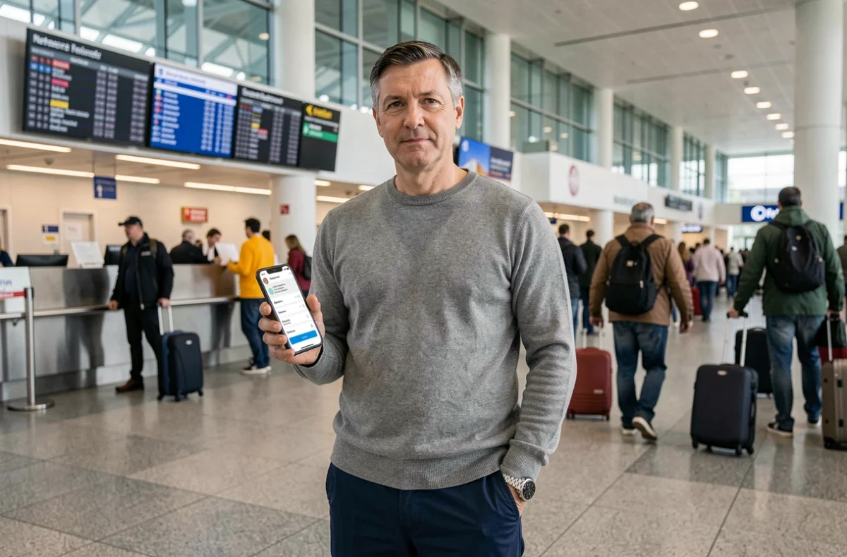 Homme à l'aéroport consultant son assurance santé sur smartphone avant un départ pour les États-Unis