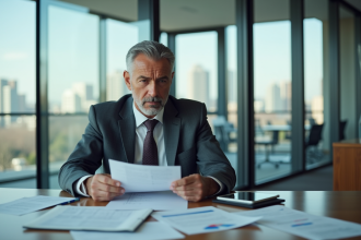 Homme d'affaires réfléchissant à des documents financiers