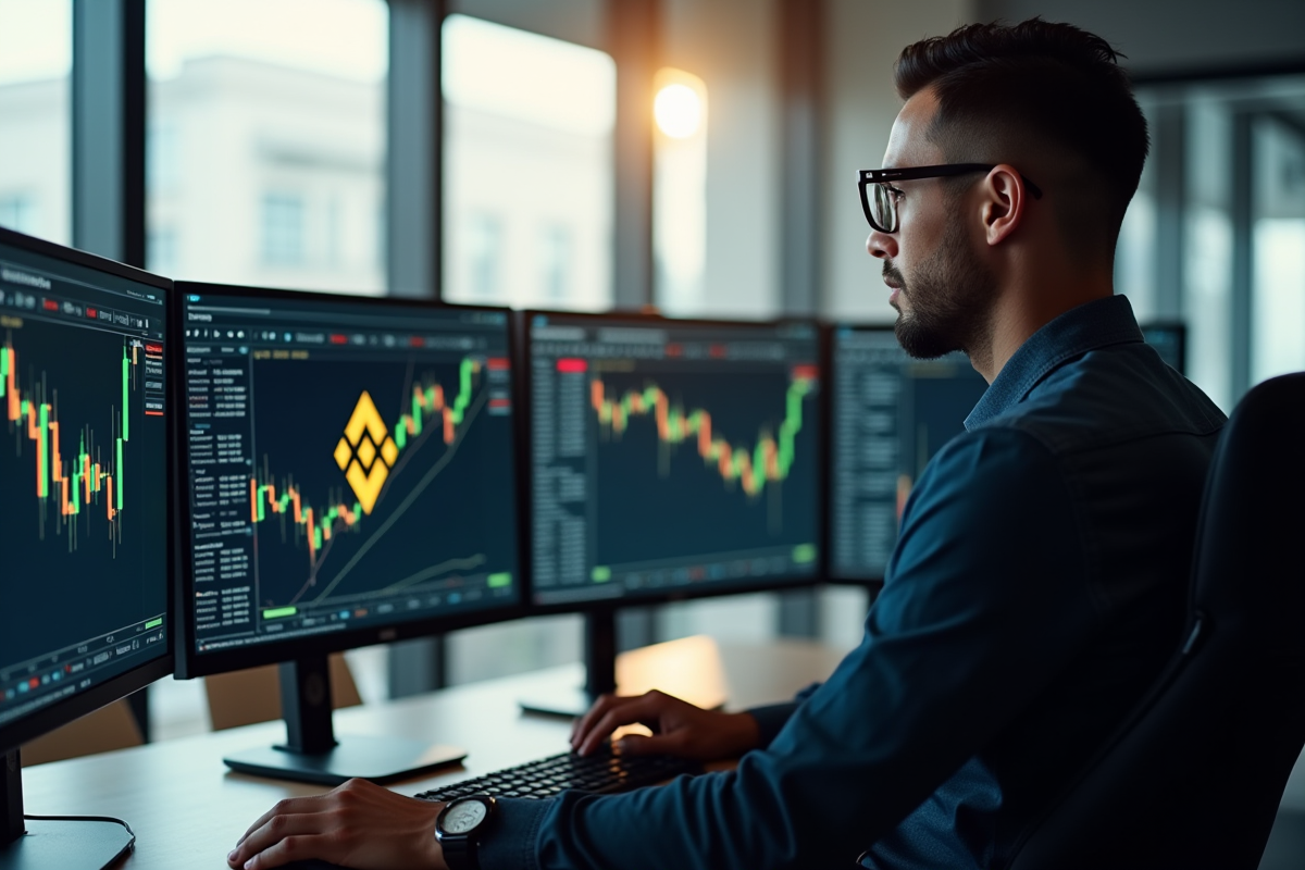 Homme d'affaires concentré devant écrans crypto et logo Binance