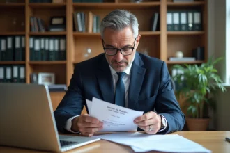 Homme d'affaires en costume examine des documents dans un bureau