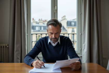 Homme d'affaires lisant des documents TVA à Paris