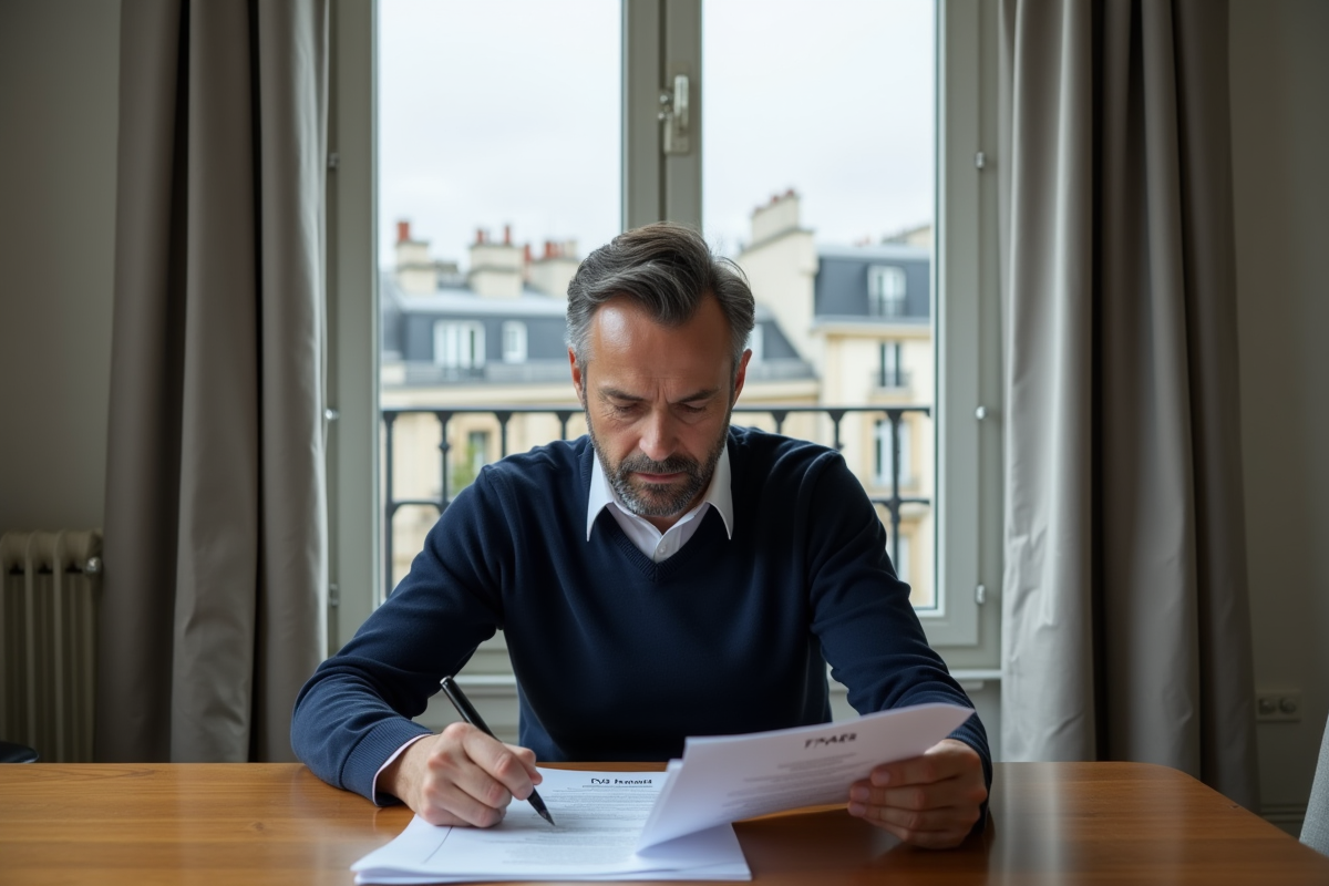 Homme d'affaires lisant des documents TVA à Paris