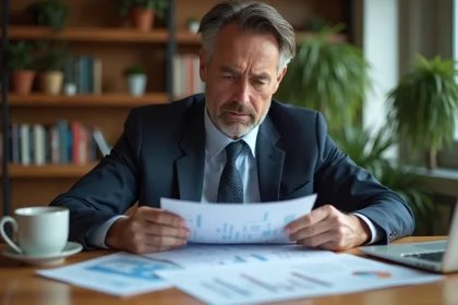 Homme d'affaires examinant des documents financiers dans un appartement