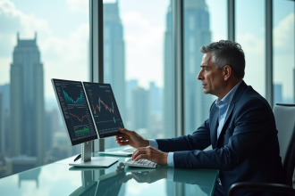Homme d'affaires en costume analysant des graphiques financiers