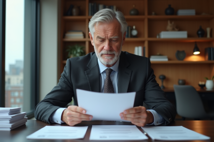 Homme d'affaires en costume lisant des documents de prêt immobilier