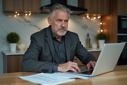 Homme d'affaires en costume examine des papiers à la maison