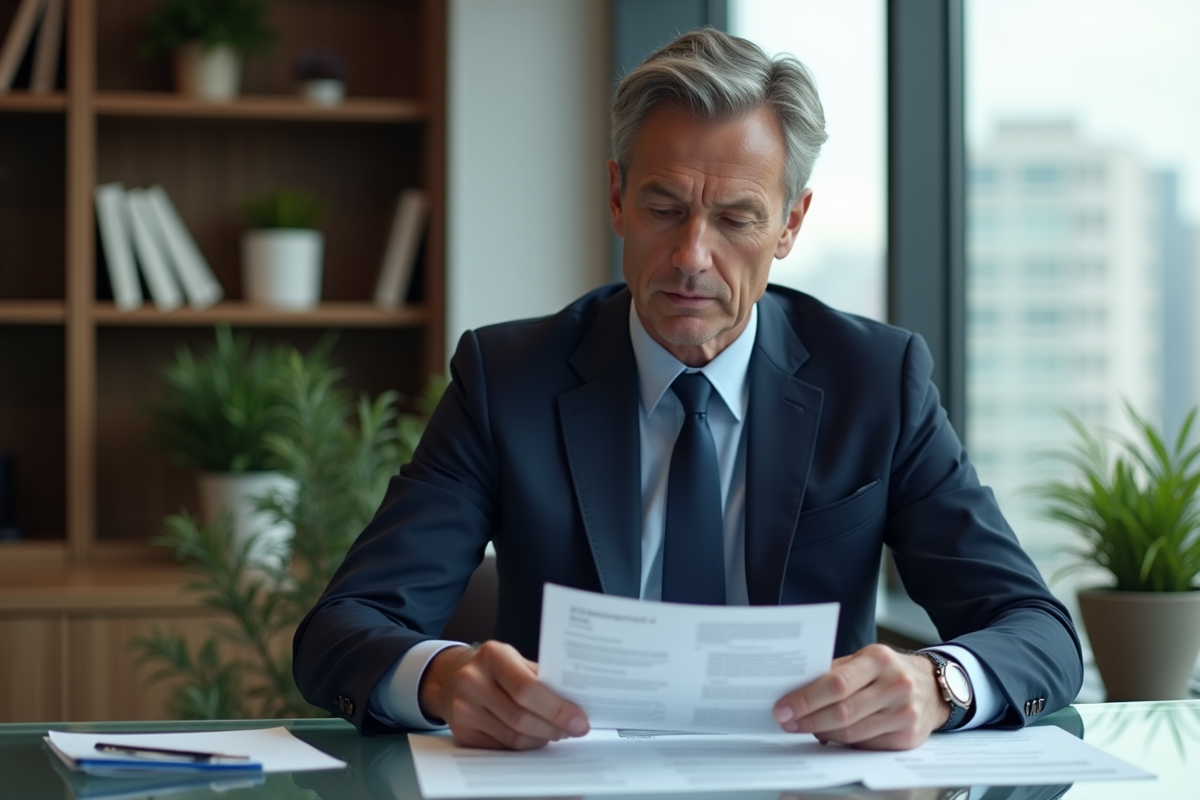 Homme d'affaires en costume navy dans un bureau moderne