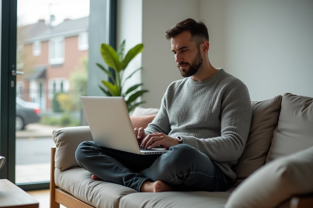 Homme analysant un portefeuille d'investissement long terme sur ordinateur portable dans un salon moderne et minimaliste
