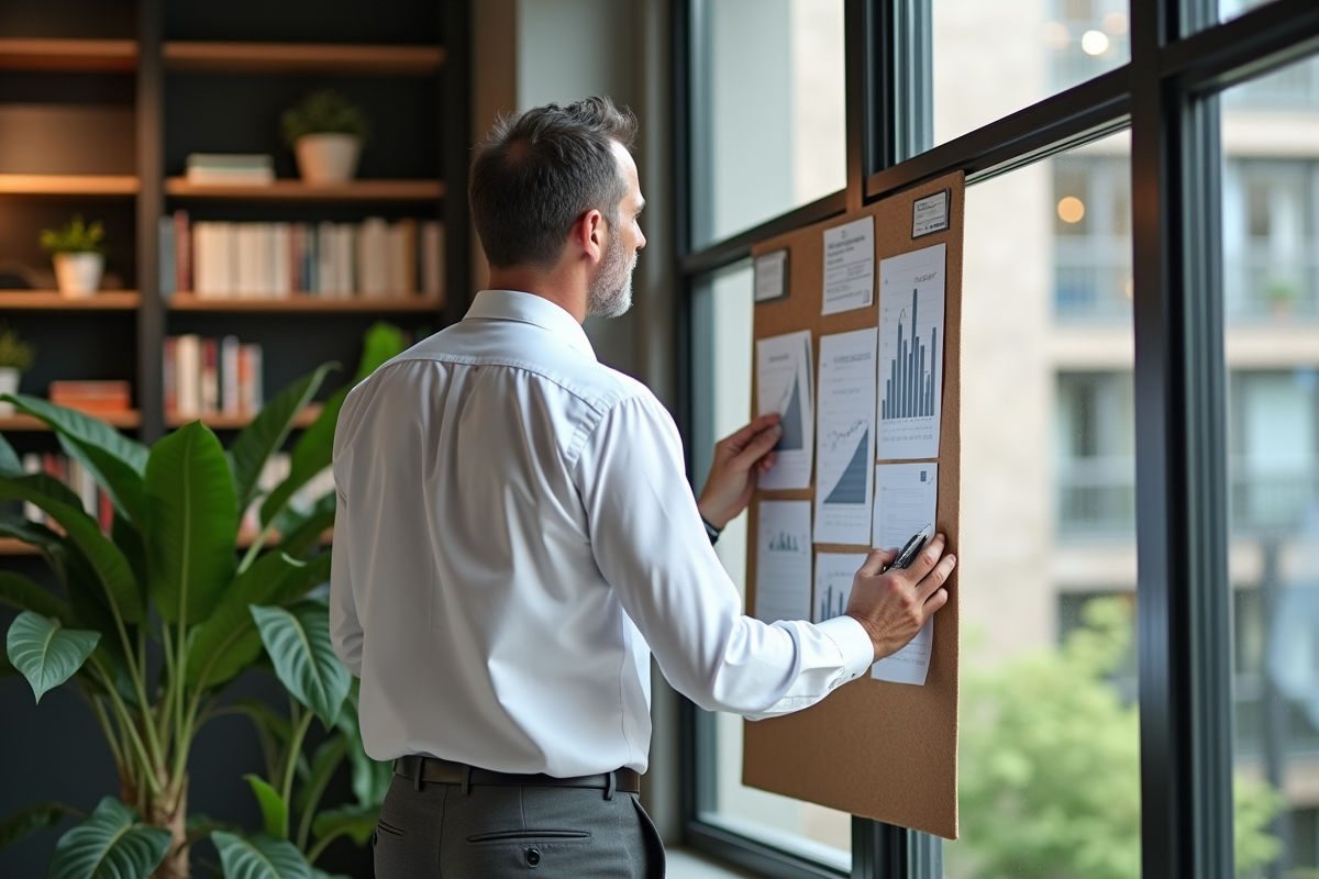 Homme d affaires annotant des graphiques financiers dans un espace de coworking