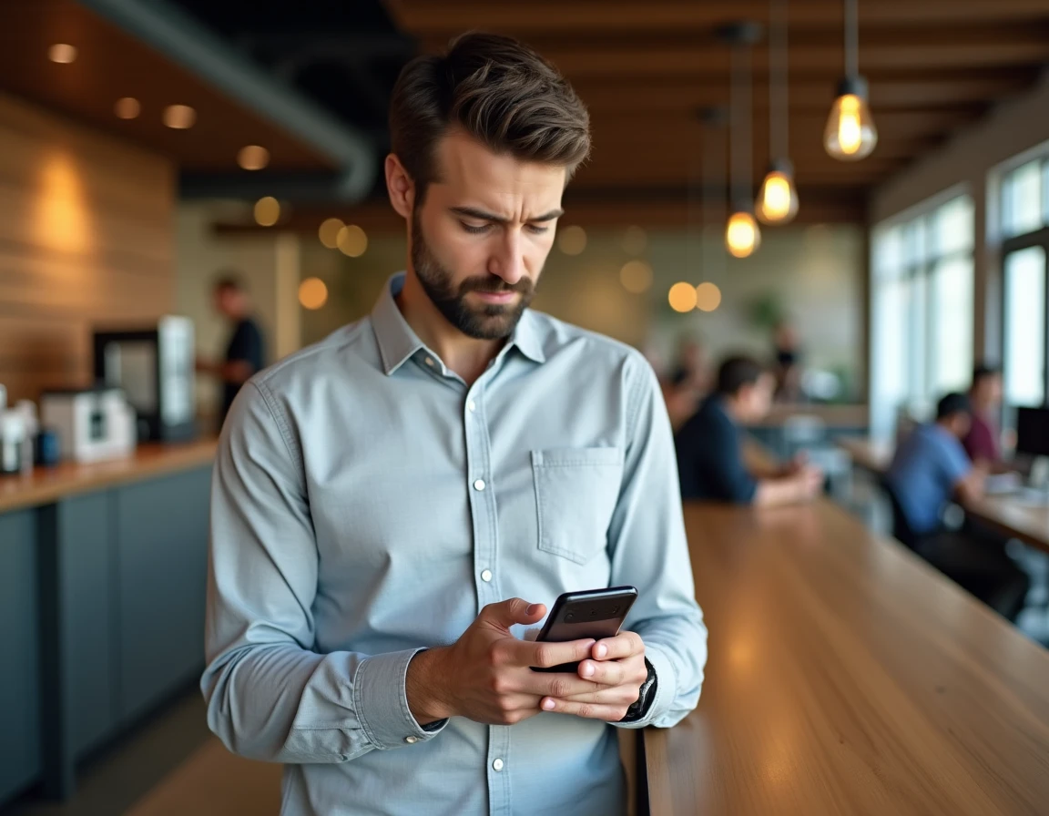 Homme d'affaires consultant une application bancaire sur smartphone dans un espace de coworking, représentant l'utilisation des services Olinda Banque et Qonto pour les professionnels