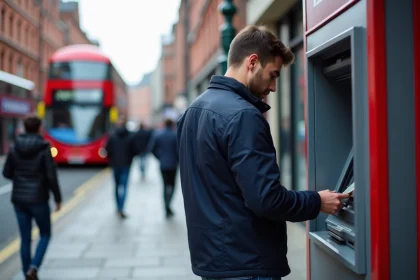 Homme en jean retire de l'argent &agrave; un ATM dans Dublin